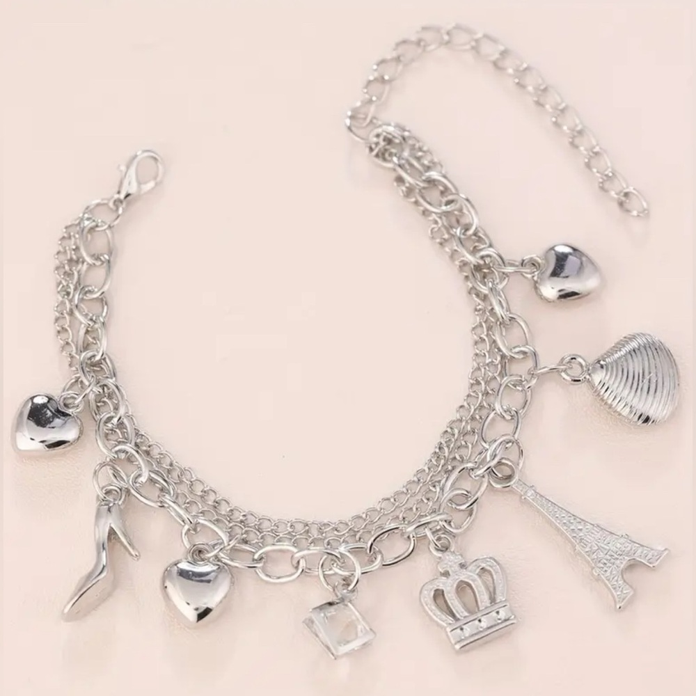 Silver Charm Bracelet with Heart and Eiffel Tower Charms